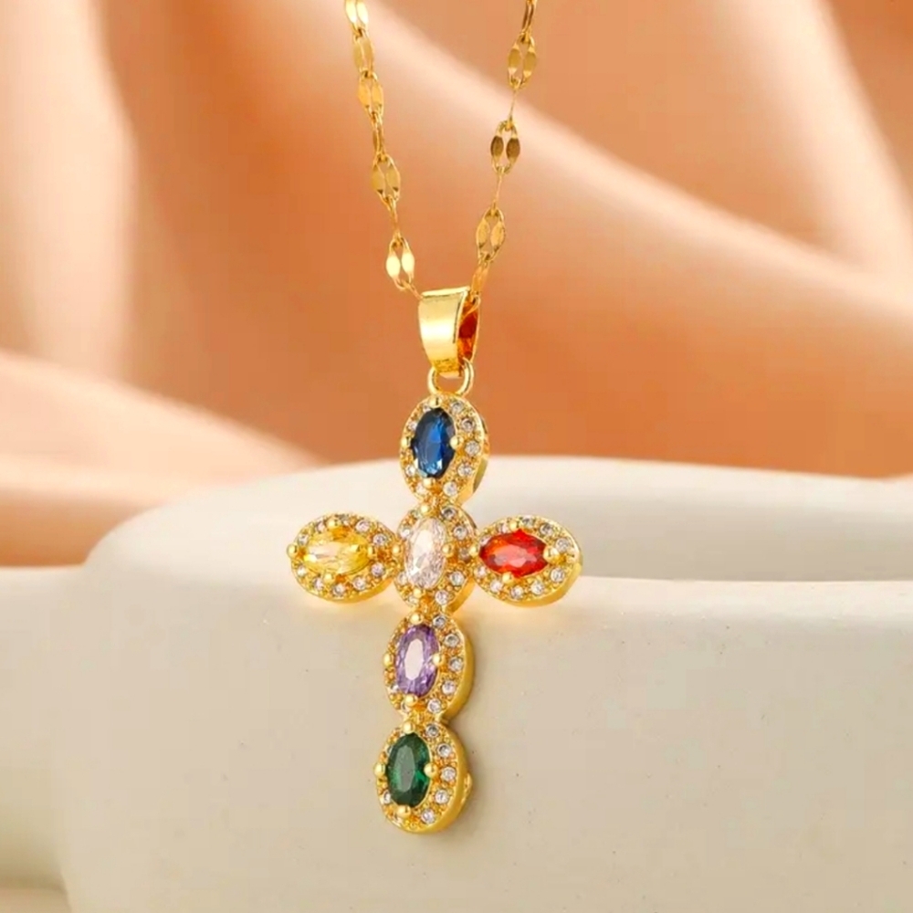 Ladies Elegant Multicolor Gemstone Cross Pendant Necklace